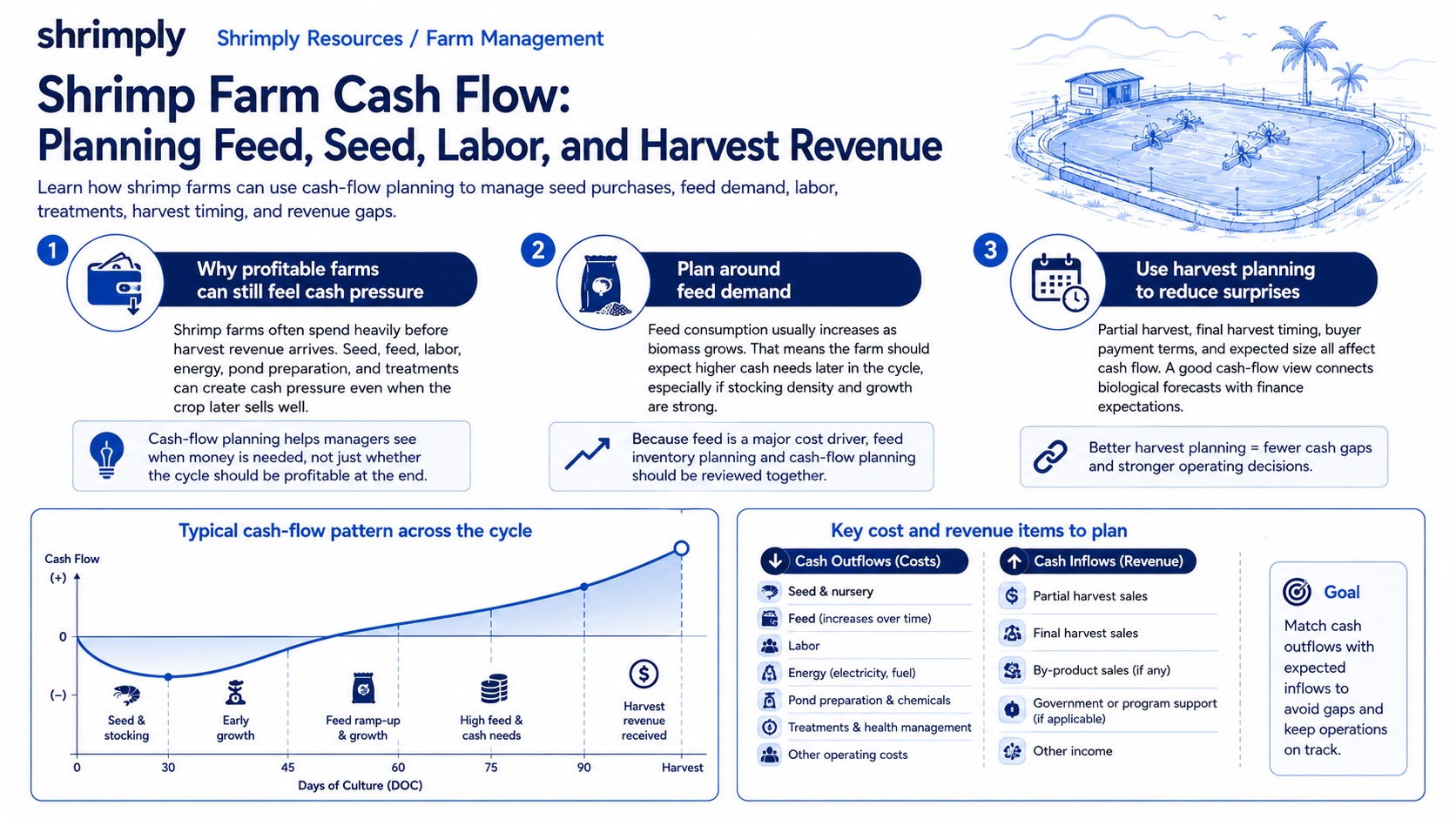 Shrimp farm cash flow infographic showing seed purchases, feed demand, labor, treatments, harvest timing, buyer payments, and revenue gaps