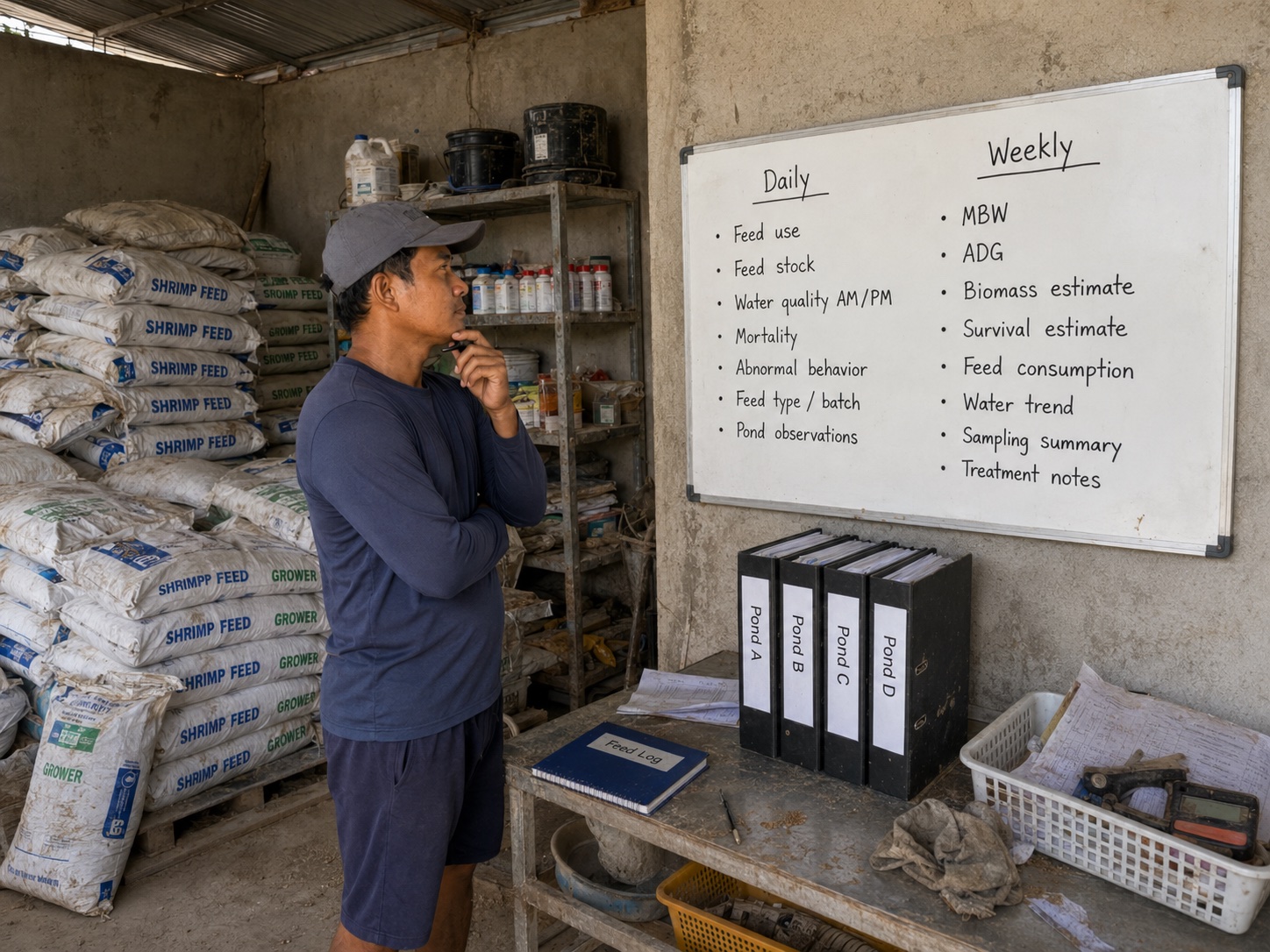 Shrimp farm manager reviewing daily and weekly record keeping for feed use, water quality, mortality, MBW, ADG, biomass, and survival