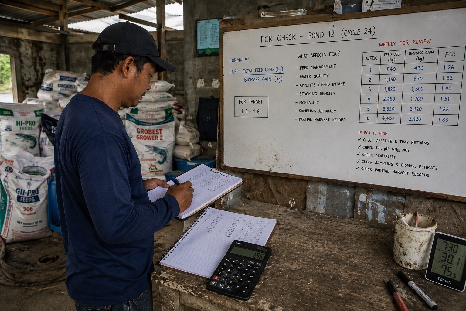 Shrimp farmer calculating FCR with feed conversion ratio formula, feed used, biomass gain, water quality, appetite, and weekly FCR review