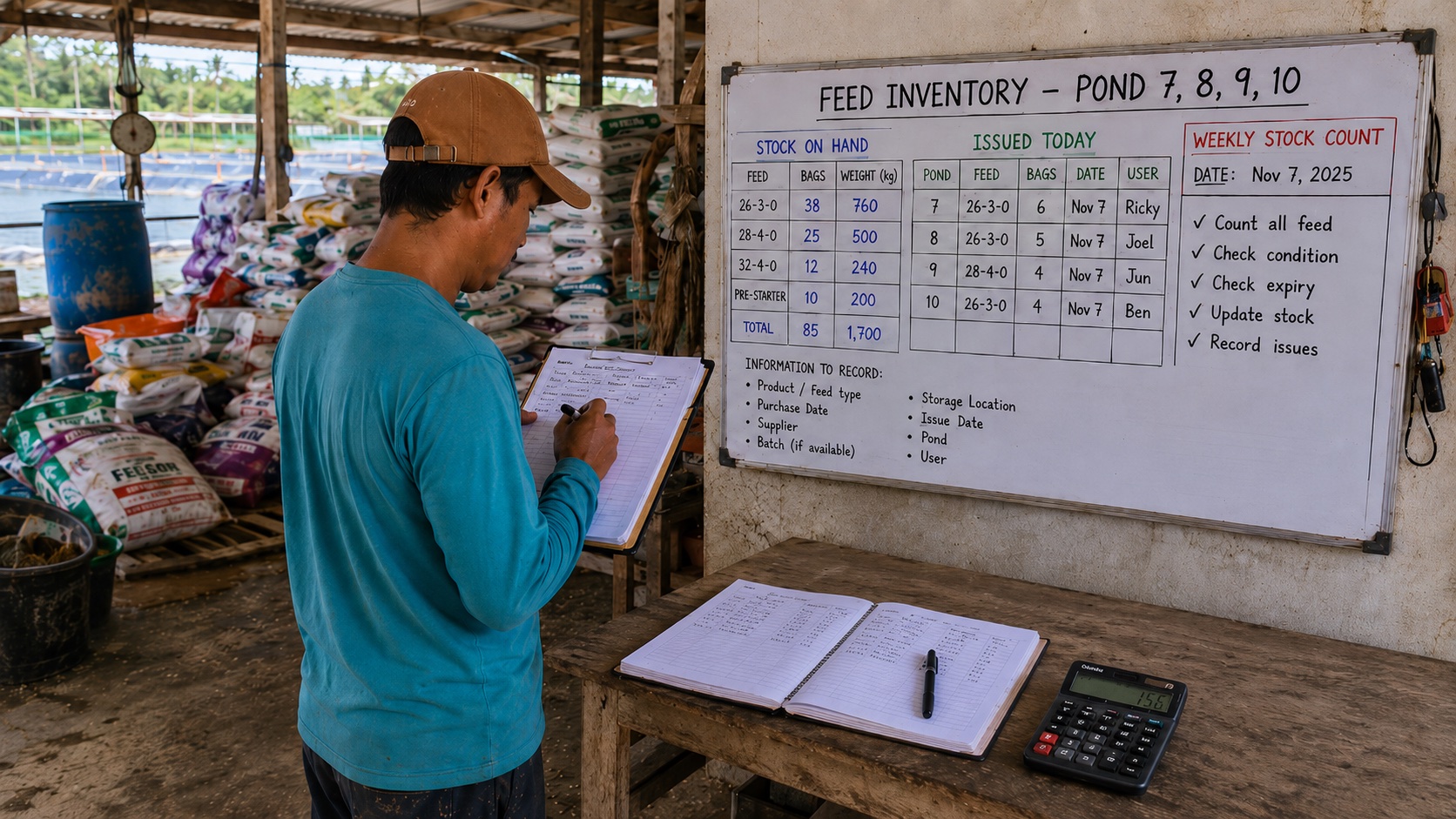 Shrimp farm feed inventory control board showing stock on hand, feed issued by pond, weekly stock count, feed batches, and storage records