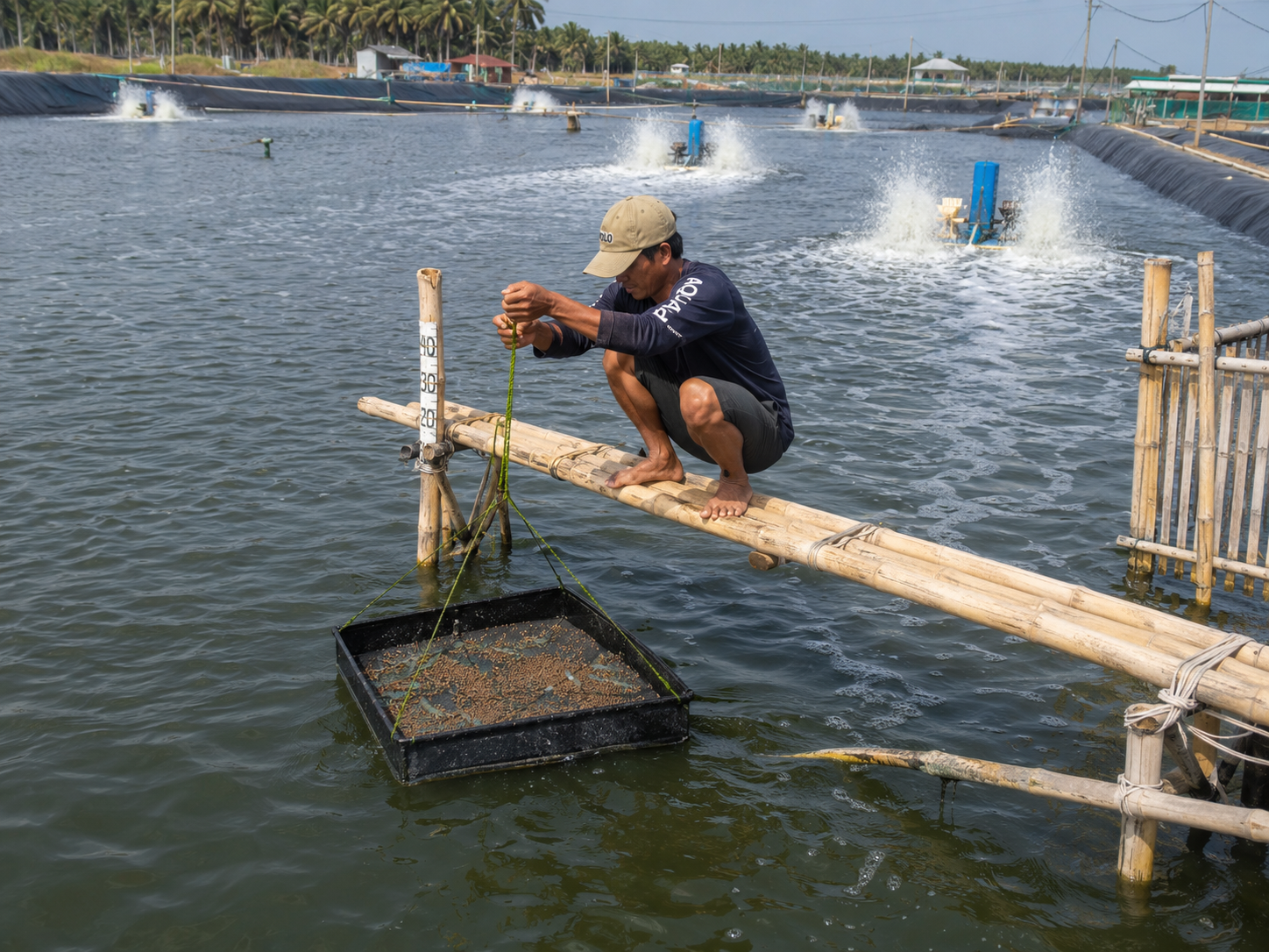 Shrimp farmer checking a feed tray in a vannamei shrimp pond to monitor appetite and feed consumption