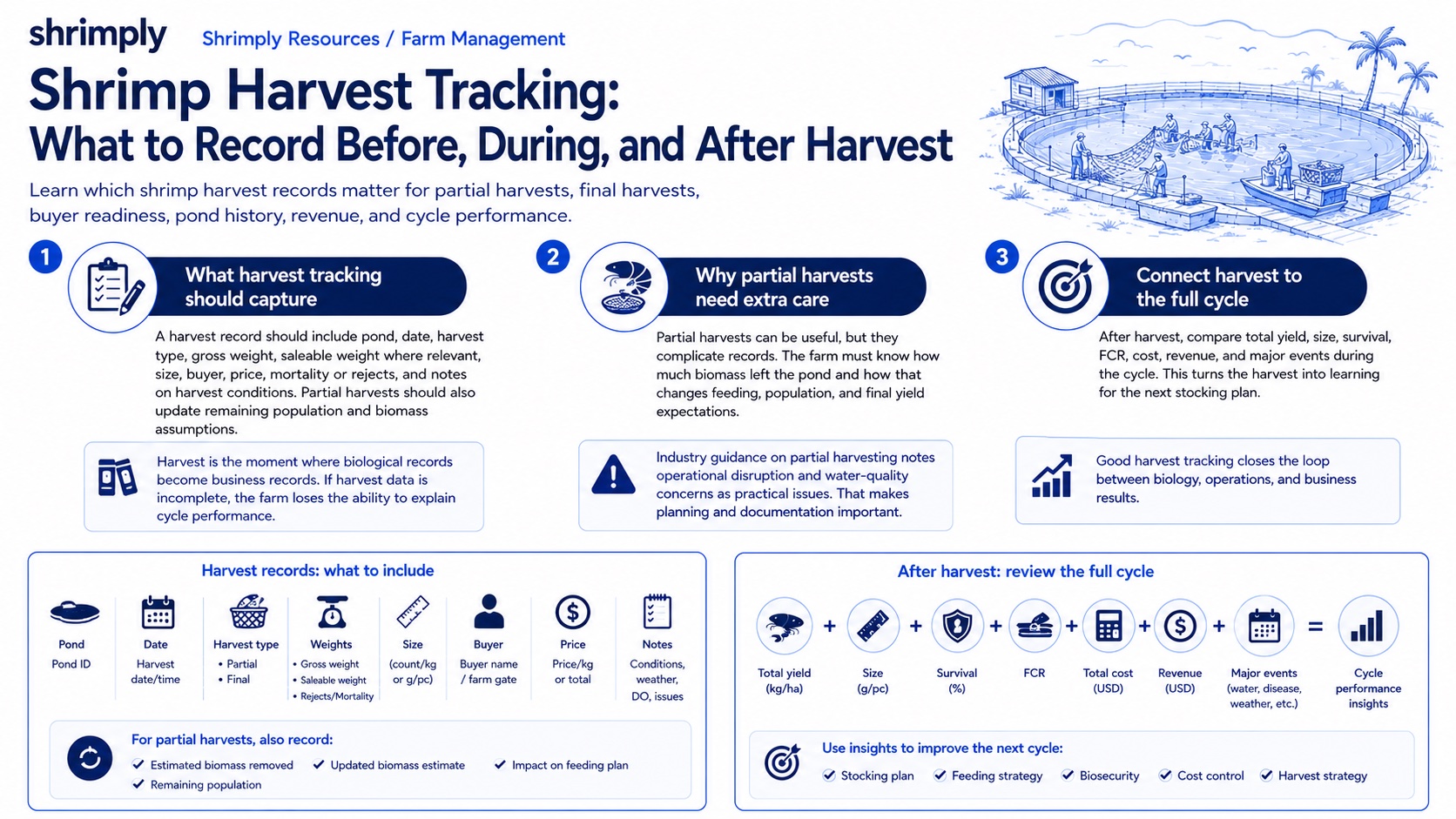 Shrimp harvest tracking infographic showing partial harvest, final harvest, buyer records, sale weight, price, revenue, and cycle performance