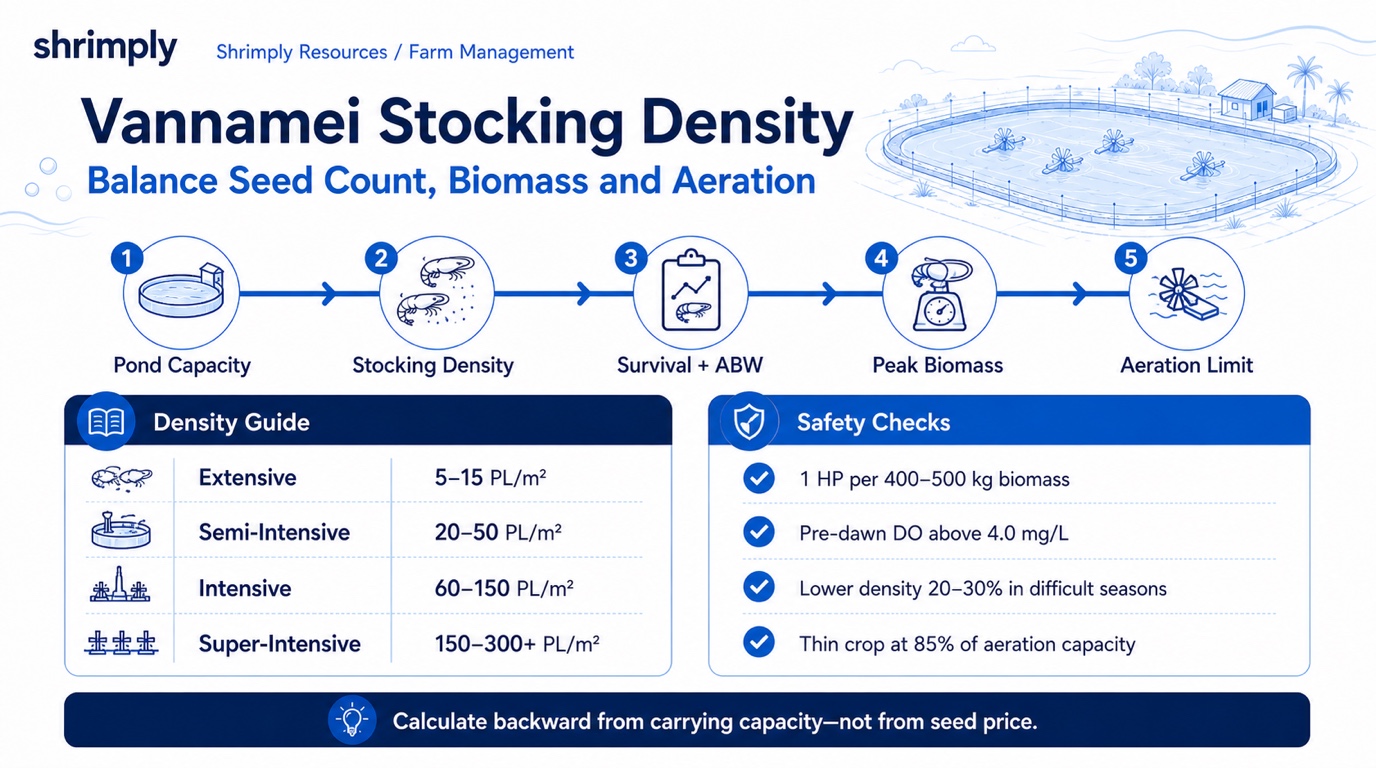 Vannamei stocking density per m2 infographic showing extensive, semi-intensive, intensive, and super-intensive systems, survival, ABW, biomass, and aeration capacity